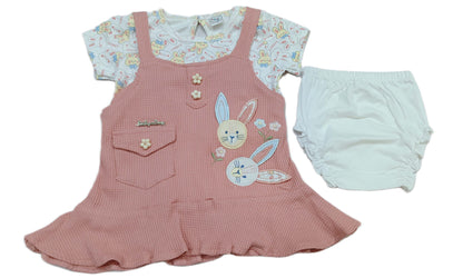 Baby Girl Printed Dungaree With T-shirt & Panty - Peach