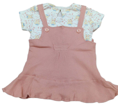 Baby Girl Printed Dungaree With T-shirt & Panty - Peach