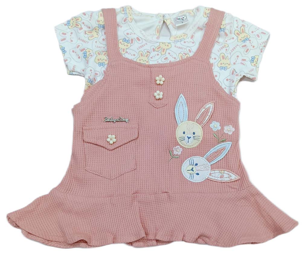 Baby Girl Printed Dungaree With T-shirt & Panty - Peach