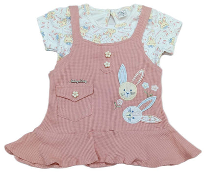 Baby Girl Printed Dungaree With T-shirt & Panty - Peach