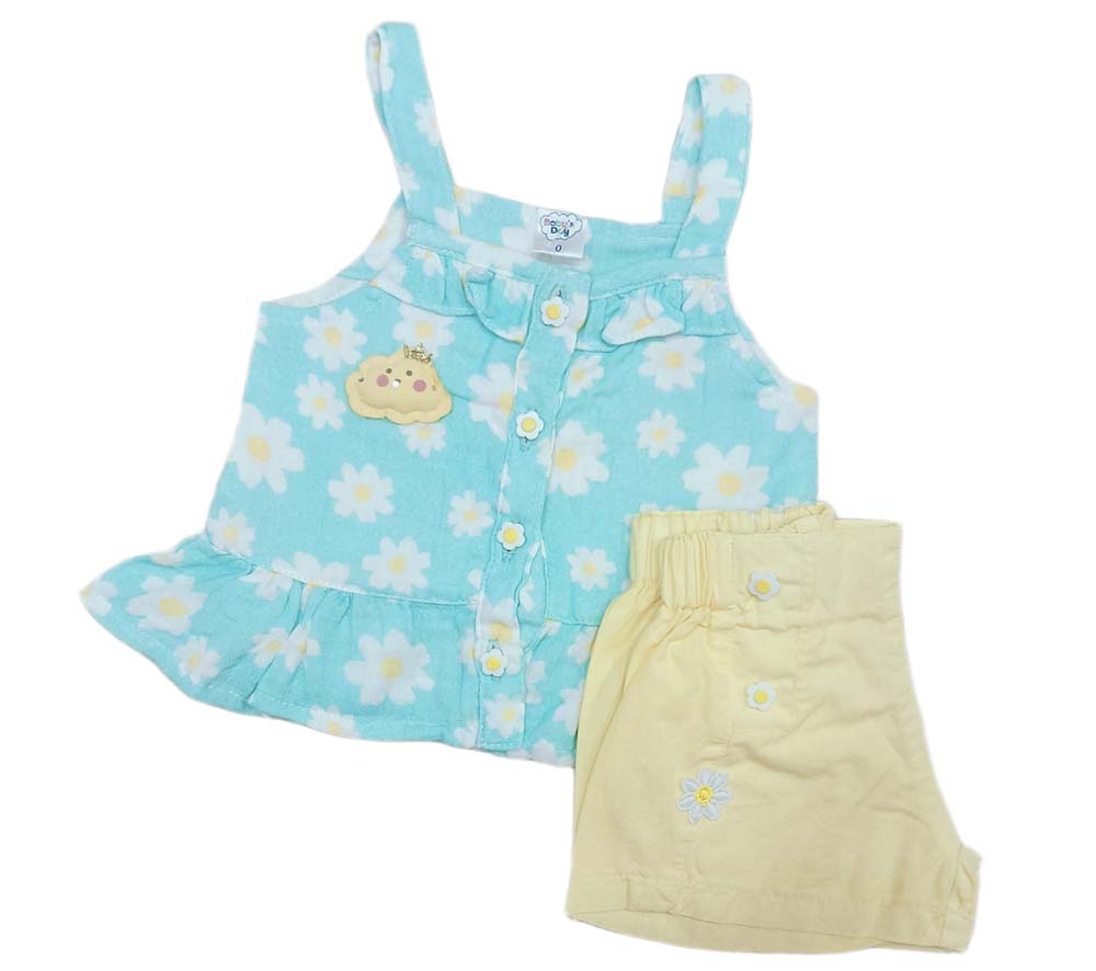 Cute Stylish Baby Girl Shoulder Strip Top and Shorts Set Sky Blue