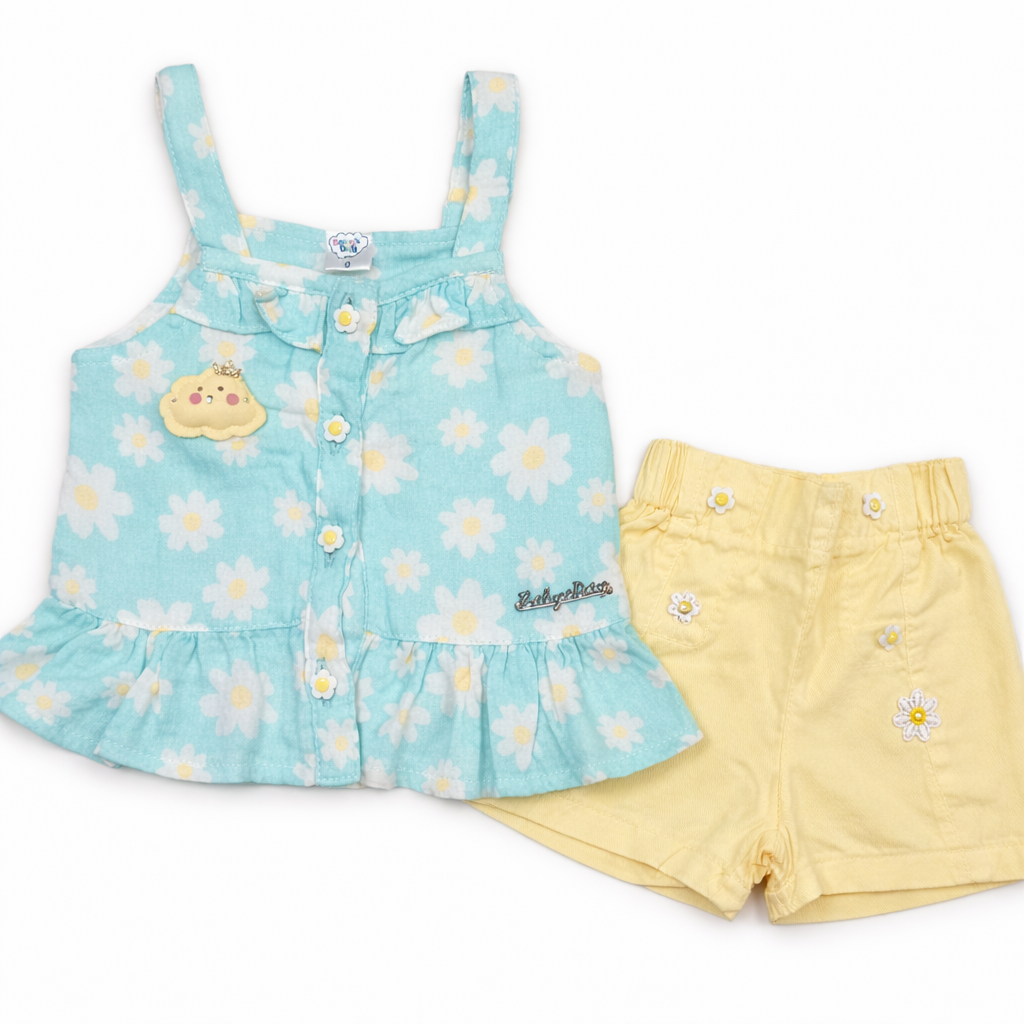 Cute Stylish Baby Girl Shoulder Strip Top and Shorts Set Sky Blue