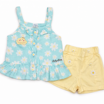 Cute Stylish Baby Girl Shoulder Strip Top and Shorts Set Sky Blue