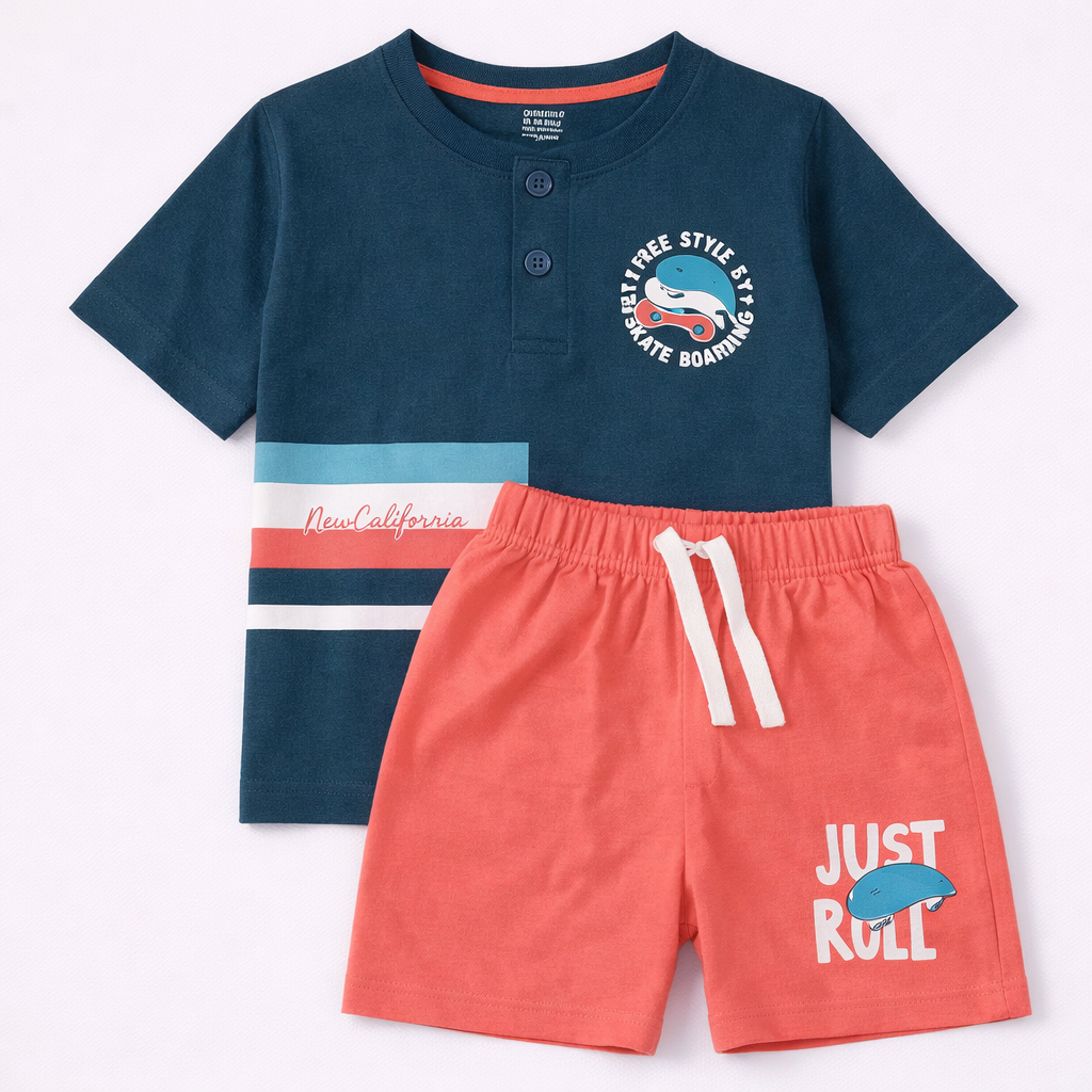 Cucumber Surfing Paradise Kids Summer Co-Ord Set – Cream T-Shirt & Yellow Shorts  - Cutypi