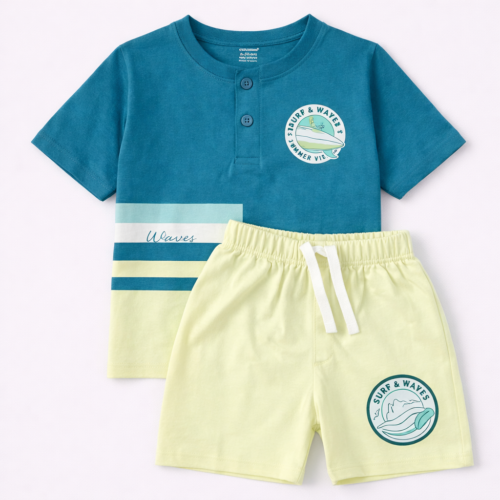 Cucumber Surfing Paradise Kids Summer Set – Cream T-Shirt & Shorts  - Cutypi
