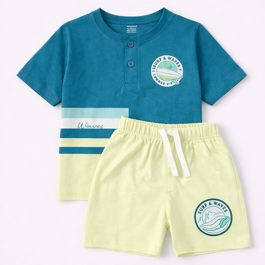 Cucumber Surfing Paradise Kids Summer Set – Cream T-Shirt & Shorts  - Cutypi