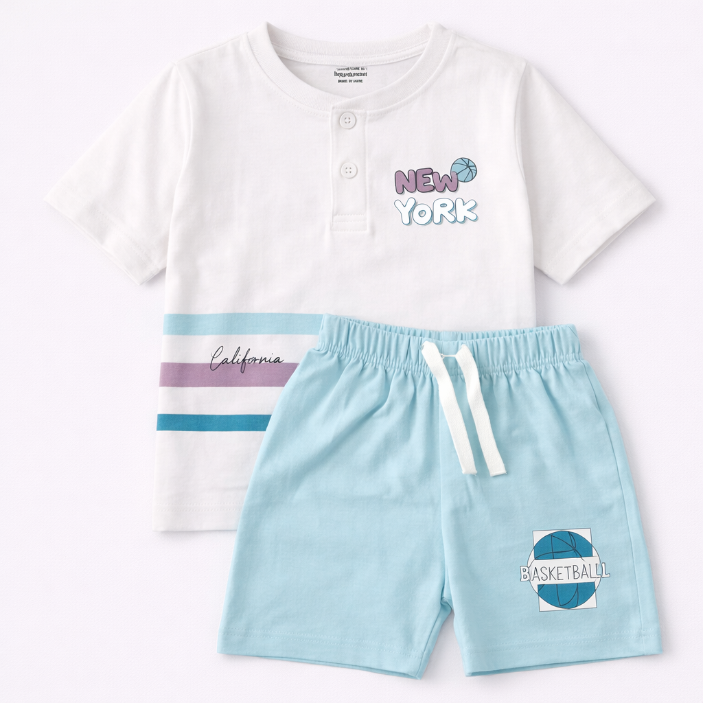 Cucumber Surfing Paradise Kids Summer Co-Ord Set – T-Shirt & Yellow Shorts  - Cutypi