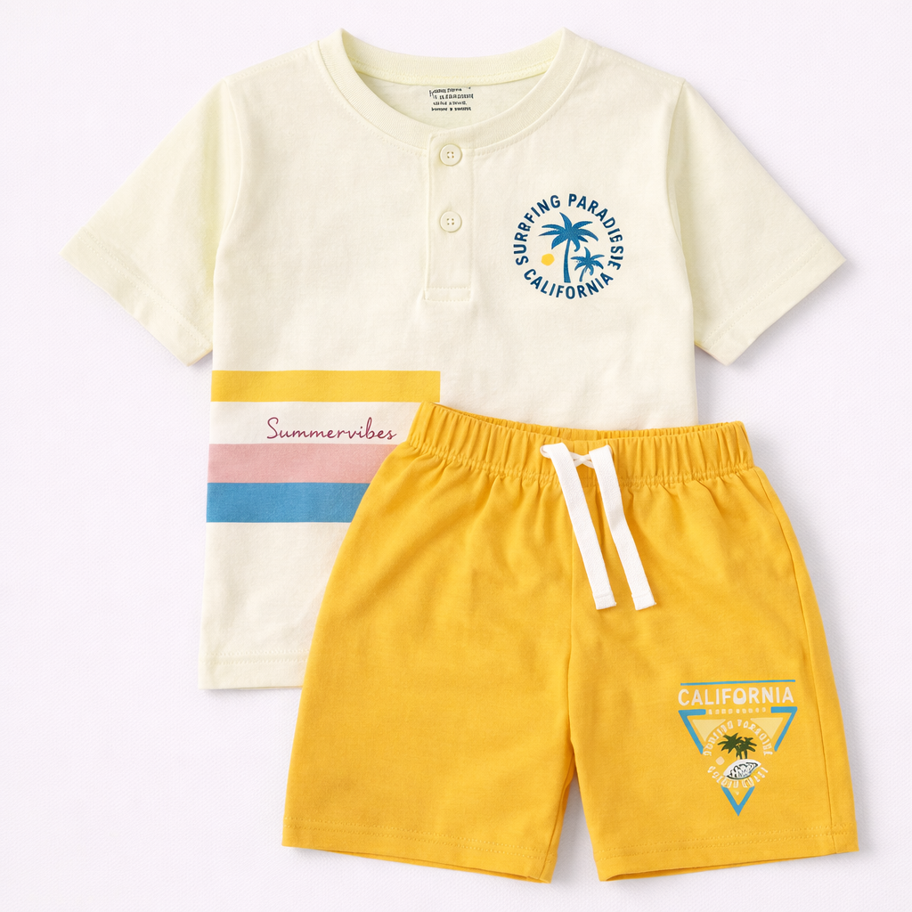 Cucumber Surfing Paradise Kids Summer Co-Ord Set – Cream T-Shirt & Yellow Shorts  - Cutypi