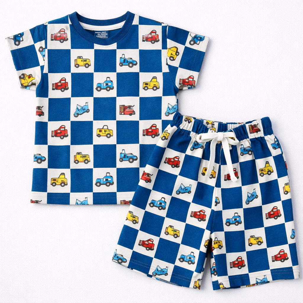Cucumber Kids Cartoon Vehicle Checkered Blue T-Shirt & Shorts Set  - Cutypi