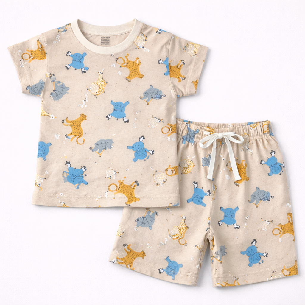 Cucumber Kids Playful Animal Print Beige T-Shirt & Shorts Set  - Cutypi