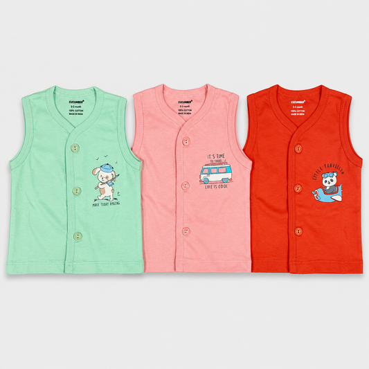 Cucumber newborn baby sleeveless front open vest set of 3 in mint green, pink and red colors made from 100% cotton with cute printed designs for newborn boys and girls available online at Cutypi.