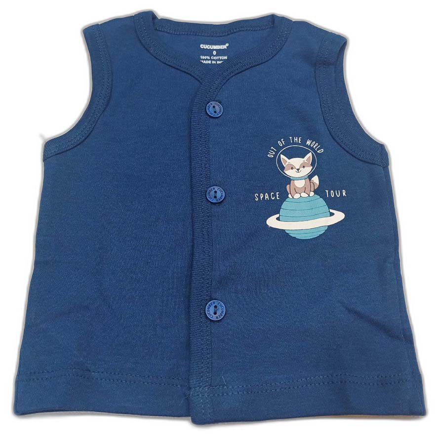 Cucumber New Born Baby Front Open Printed Sleevless Top - Blue