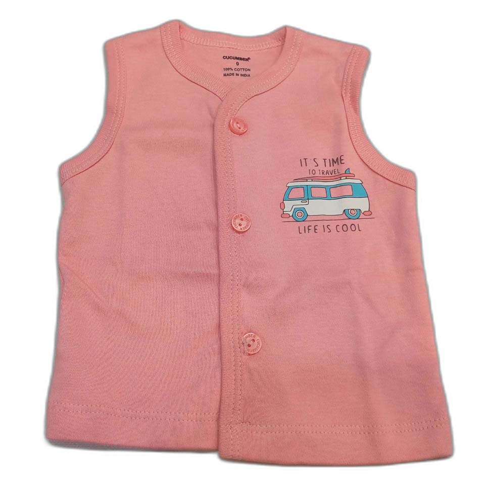 Cucumber New Born Baby Front Open Printed Sleevless Top - Pink