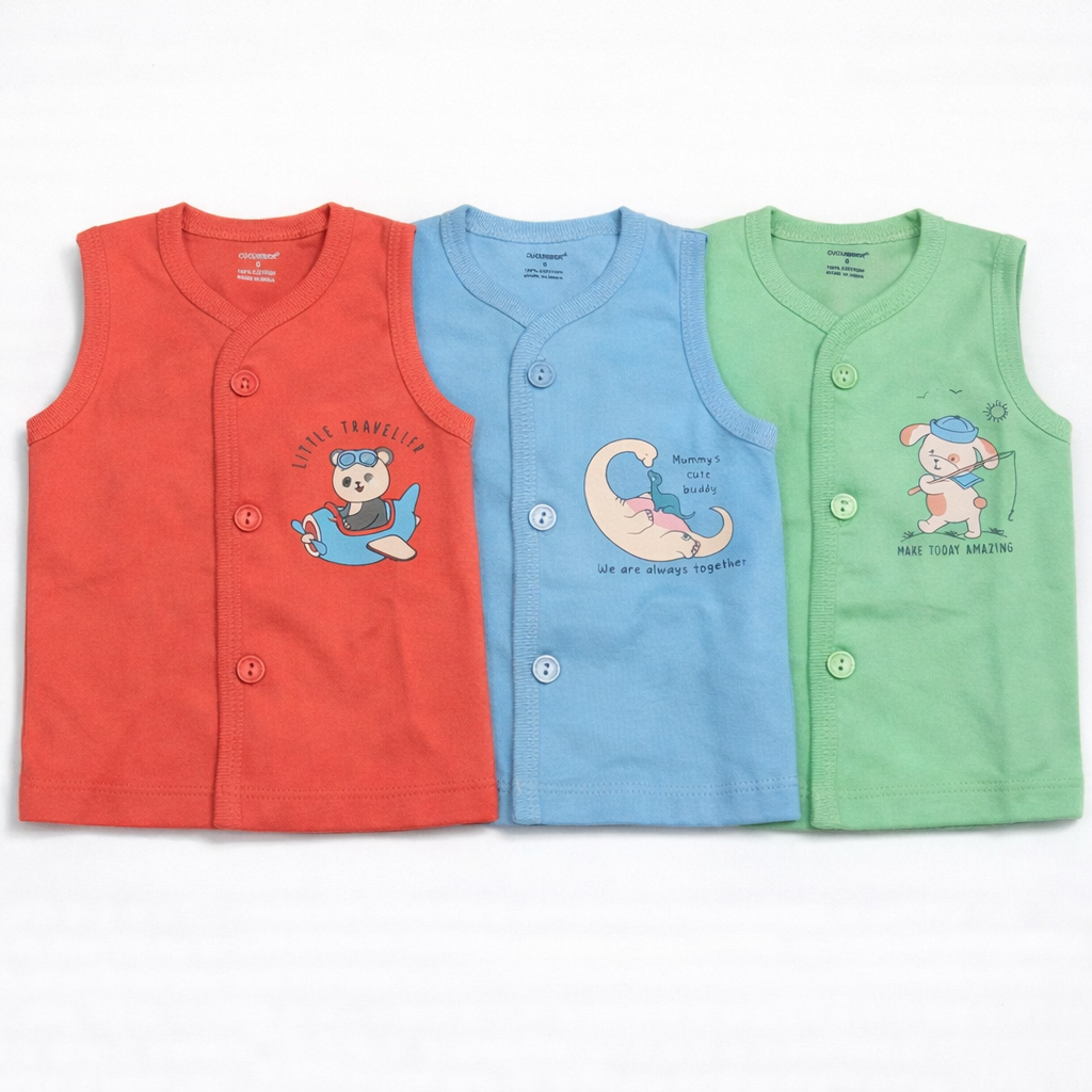 Cucumber Baby Cute Cartoon Printed Sleeveless Front Open Vest Pack of 3 - Cutypi