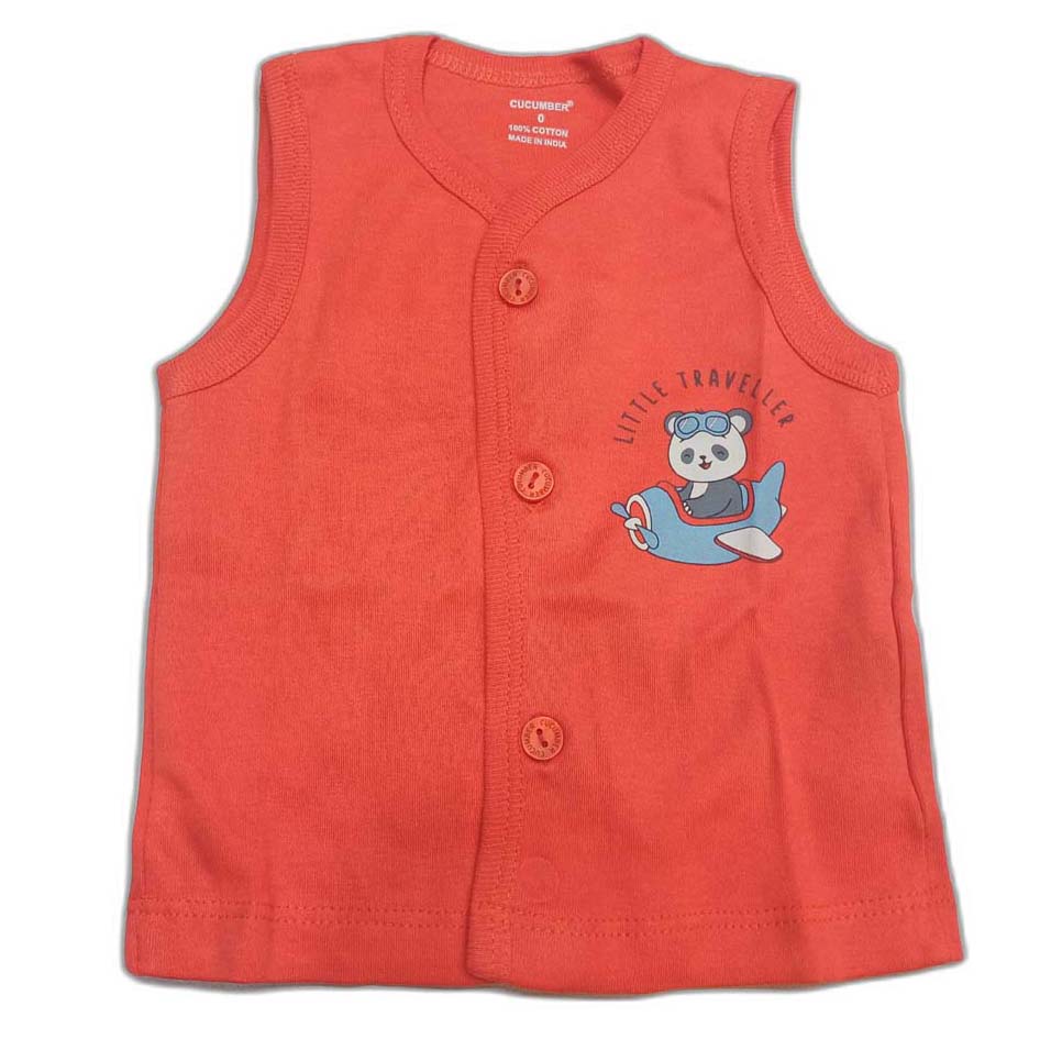 Cucumber New Born Baby Front Open Printed Sleevless Top - Orange