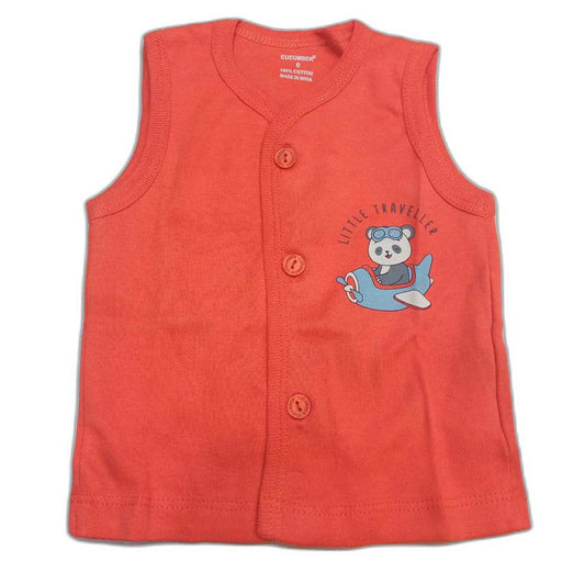 Cucumber New Born Baby Front Open Printed Sleevless Top - Orange