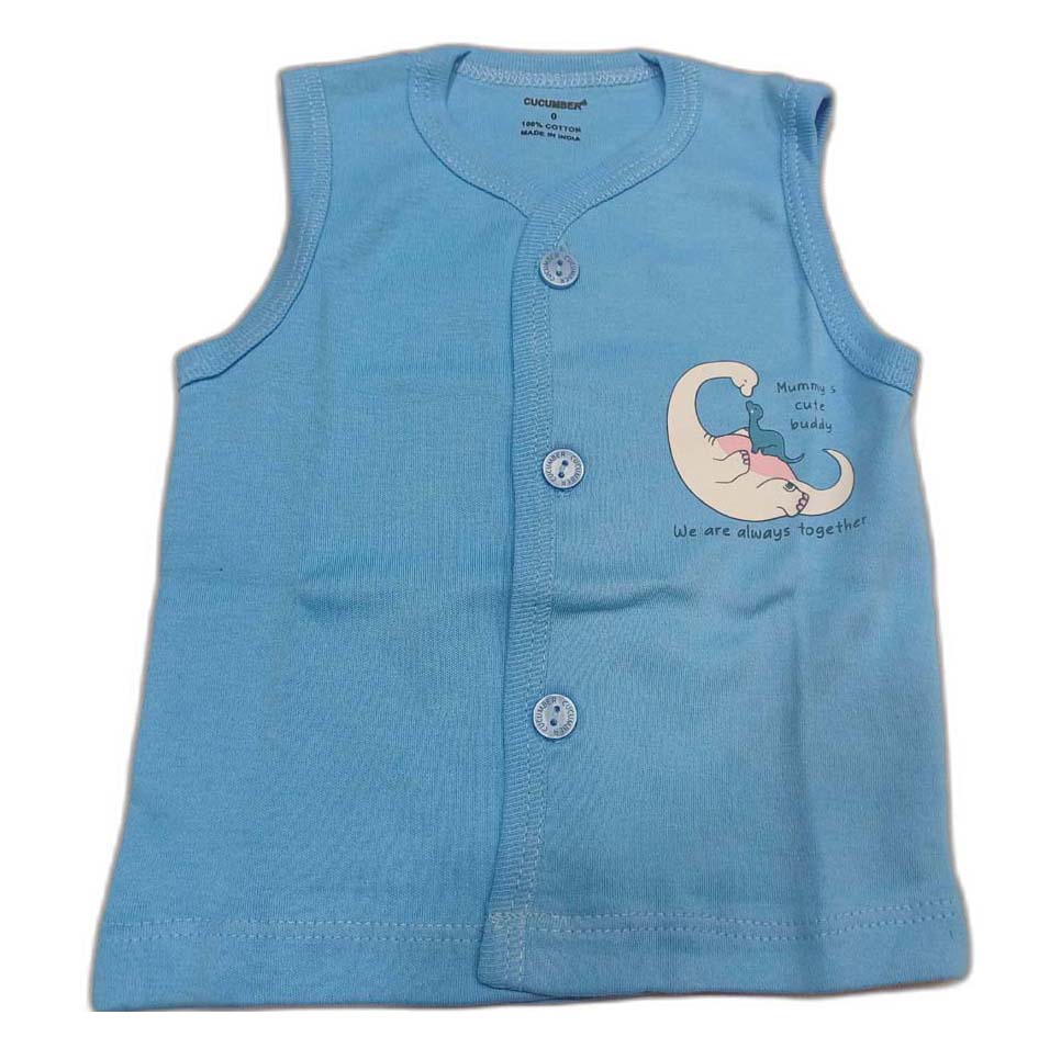 Cucumber New Born Baby Front Open Printed Sleevless Top -Sky Blue