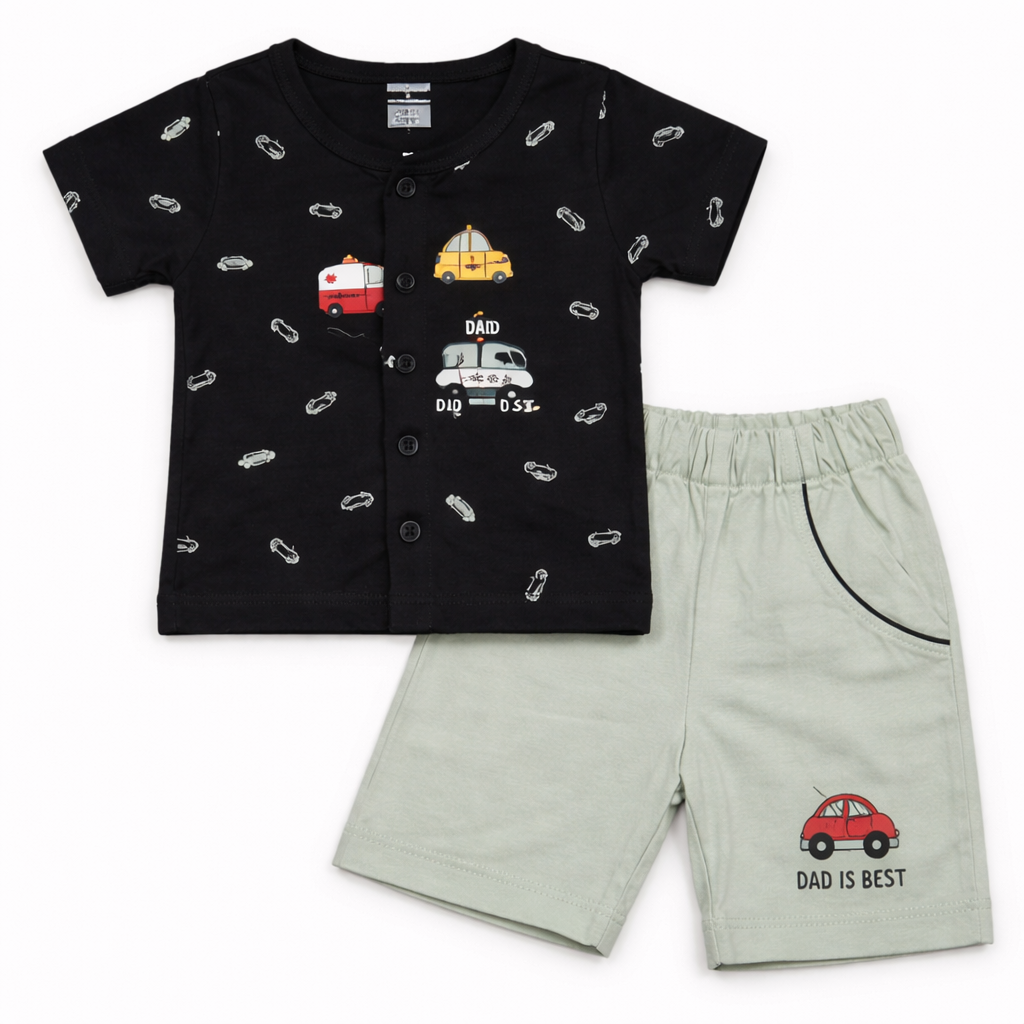 Cucumber Baby Boys Dad Is Best Printed Shirt with Shorts Set Black Green Cotton Outfit - Cutypi