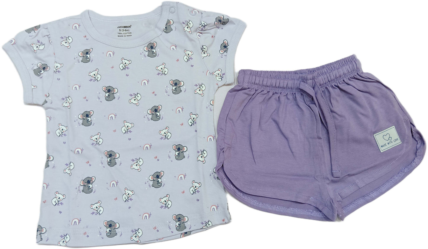 Cucumber Girls Cotton Half Sleeve Top with Short - Purple