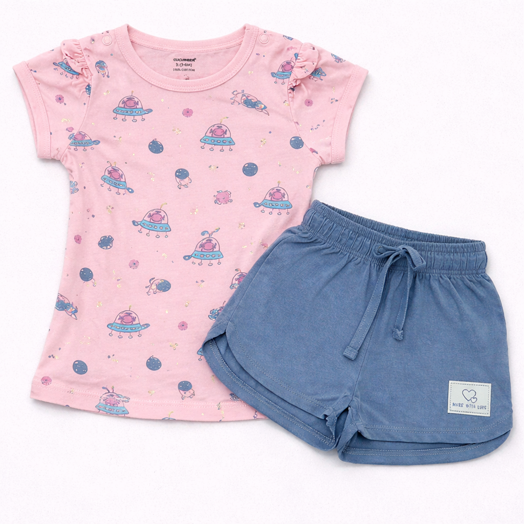 Cucumber Cucumber Girls Cotton Half Sleeve Top with Short - pink - Cutypi