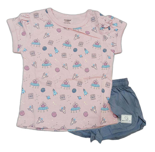 Cucumber Girls Cotton Half Sleeve Top with Short - pink