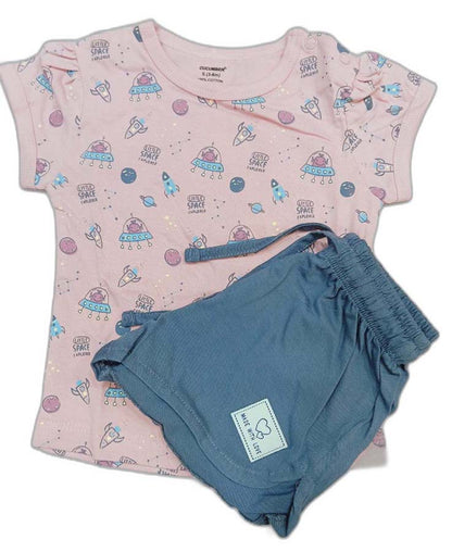 Cucumber Girls Cotton Half Sleeve Top with Short - pink
