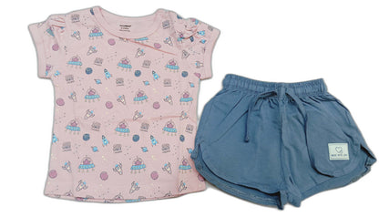 Cucumber Girls Cotton Half Sleeve Top with Short - pink