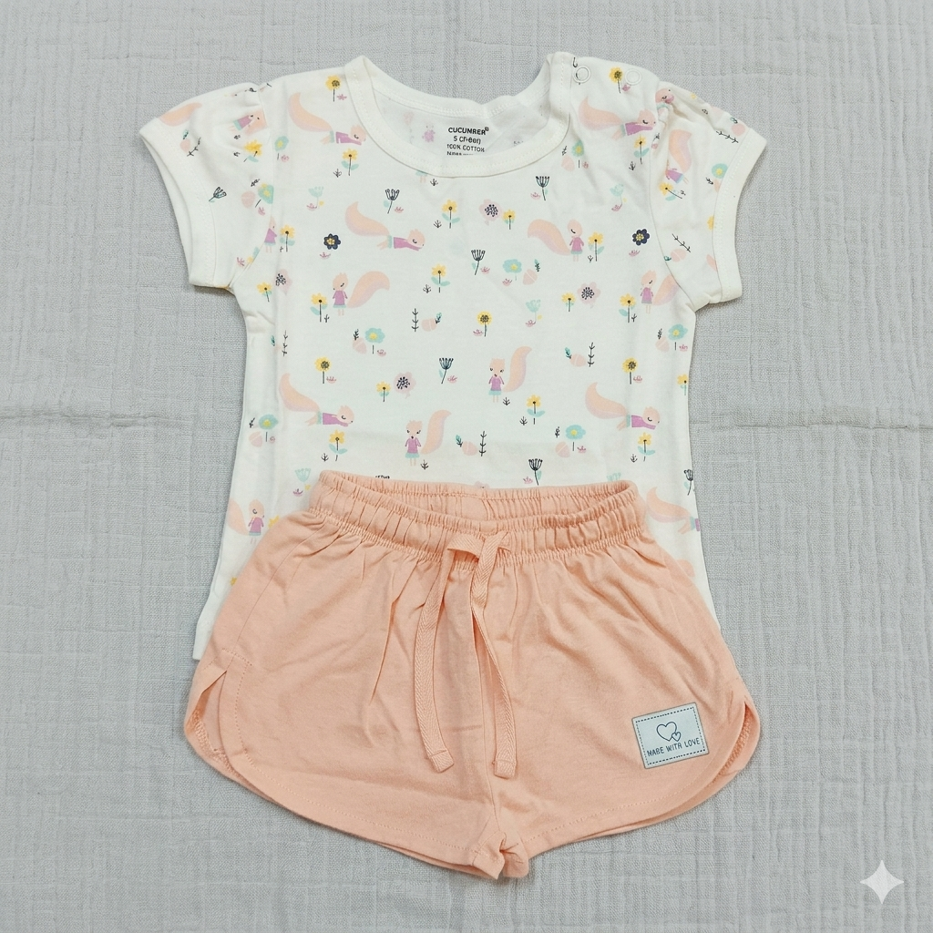 Cucumber Cucumber Baby Girl Printed Half Sleeves Top with Short - Cream - Cutypi