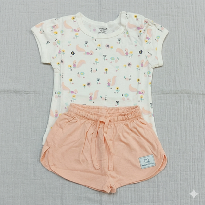 Cucumber Cucumber Baby Girl Printed Half Sleeves Top with Short - Cream - Cutypi