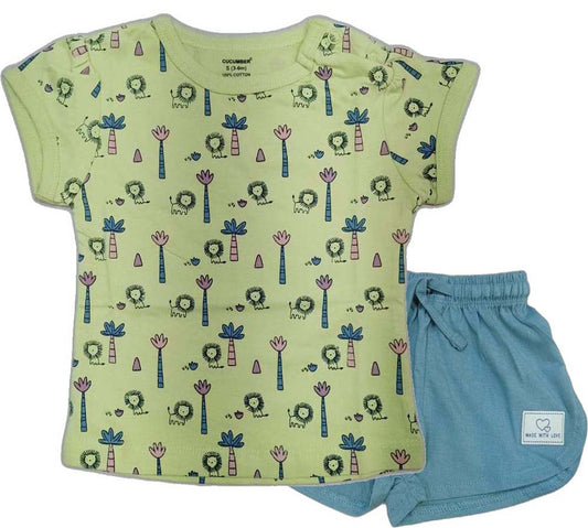 Cucumber Girls Cotton Half Sleeve Top with Short - Green