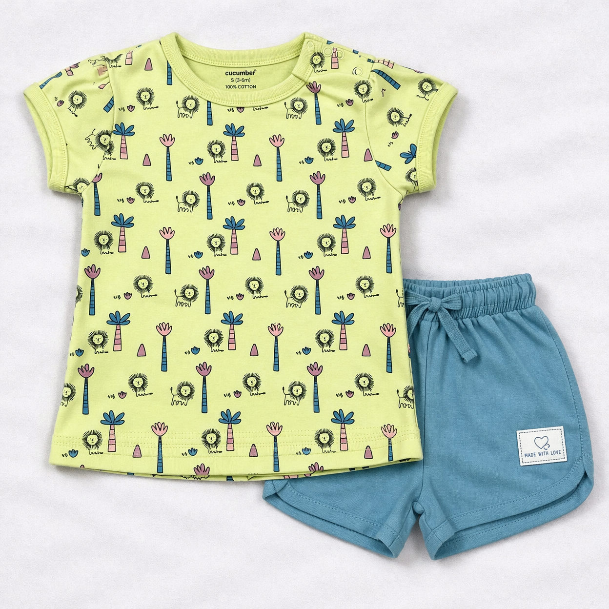 Cucumber Cucumber Girls Cotton Half Sleeve Top with Short - Green - Cutypi