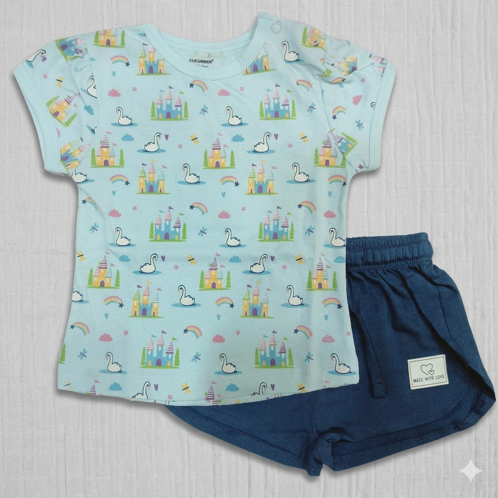 Cucumber Cucumber Girls Cotton Half Sleeve Top with Short - Light Blue - Cutypi