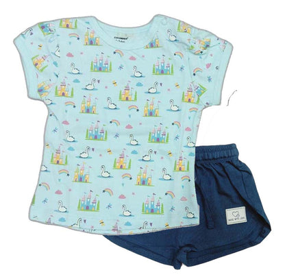 Cucumber Girls Cotton Half Sleeve Top with Short - Light Blue