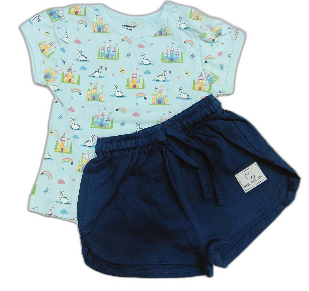 Cucumber Girls Cotton Half Sleeve Top with Short - Light Blue