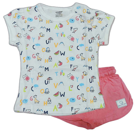 Cucumber Girls Cotton Half Sleeve Top with Short - white