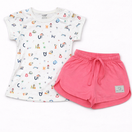 Cucumber Cucumber Girls Cotton Half Sleeve Top with Short - white - Cutypi
