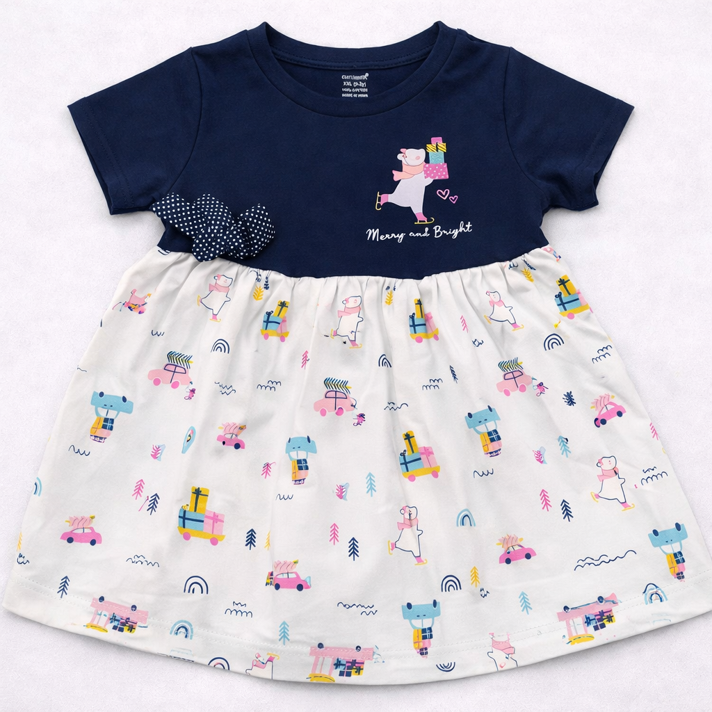Cucumber Baby Girl Cotton Frock Printed Skirt Bow Detail Short Sleeve Frock - Cutypi