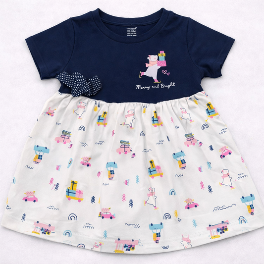 Cucumber Baby Girl Cotton Frock Printed Skirt Bow Detail Short Sleeve Frock - Cutypi