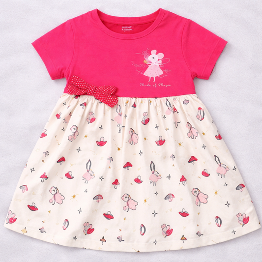 Cucumber Baby Girl Pink Cotton Dress Printed Skirt Bow Detail Short Sleeve Dress - Cutypi