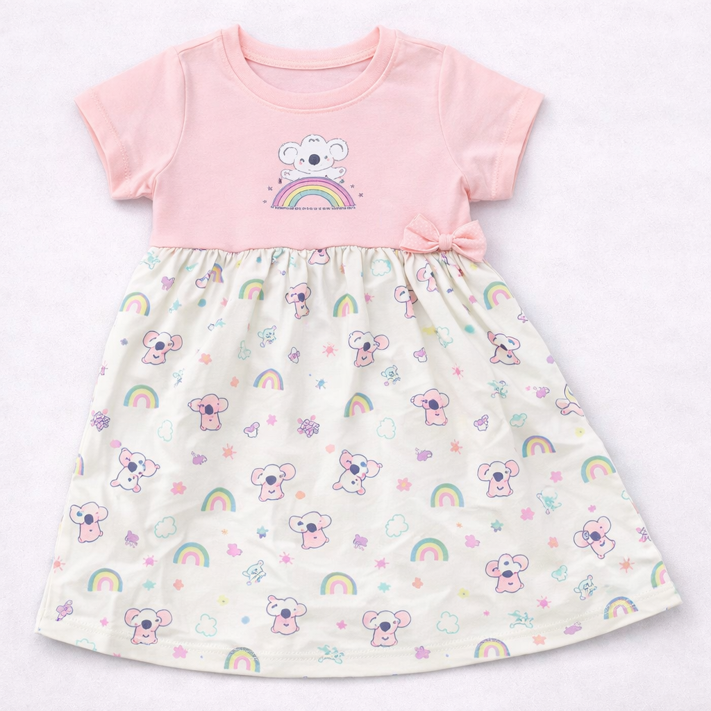 Cucumber Baby Girl Cotton Frock Printed Skirt Bow Detail Short Sleeve Frock - Cutypi