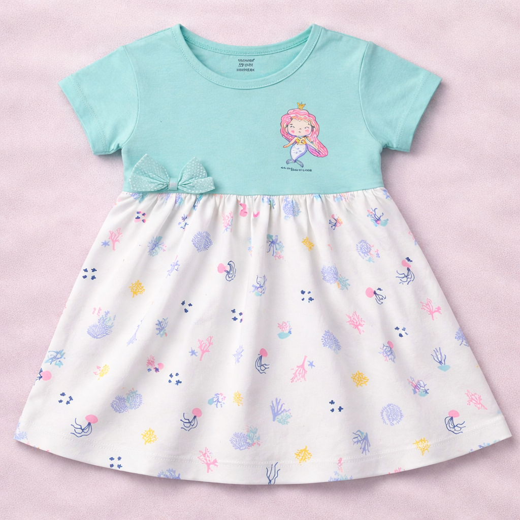 Cucumber Baby Girl Cotton Frock Printed Skirt Bow Detail Short Sleeve Frock - Cutypi