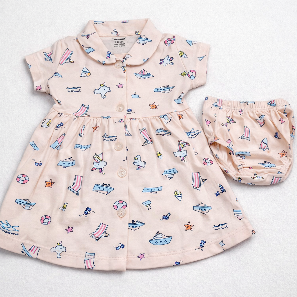 Cucumber Baby Girl Cotton Frock Set Cream Beach Print Dress with Bloomers - Cutypi