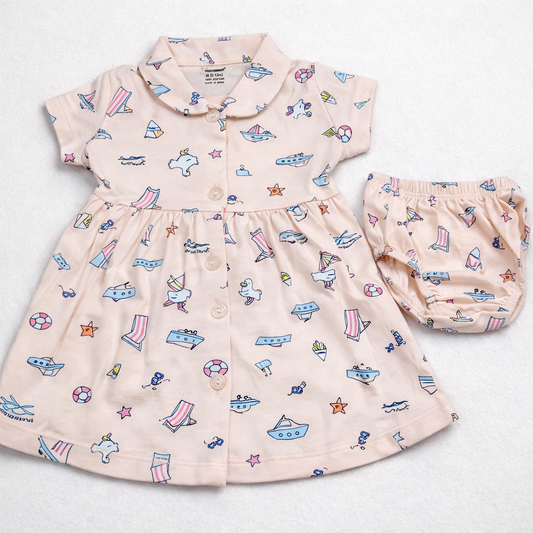 Cucumber Baby Girl Cotton Frock Set Cream Beach Print Dress with Bloomers - Cutypi