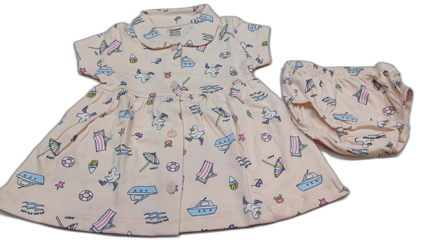 CUCUMBER Interlock Knit Half Sleeves Front Open Frock with panty - Cream