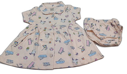 CUCUMBER Interlock Knit Half Sleeves Front Open Frock with panty - Cream