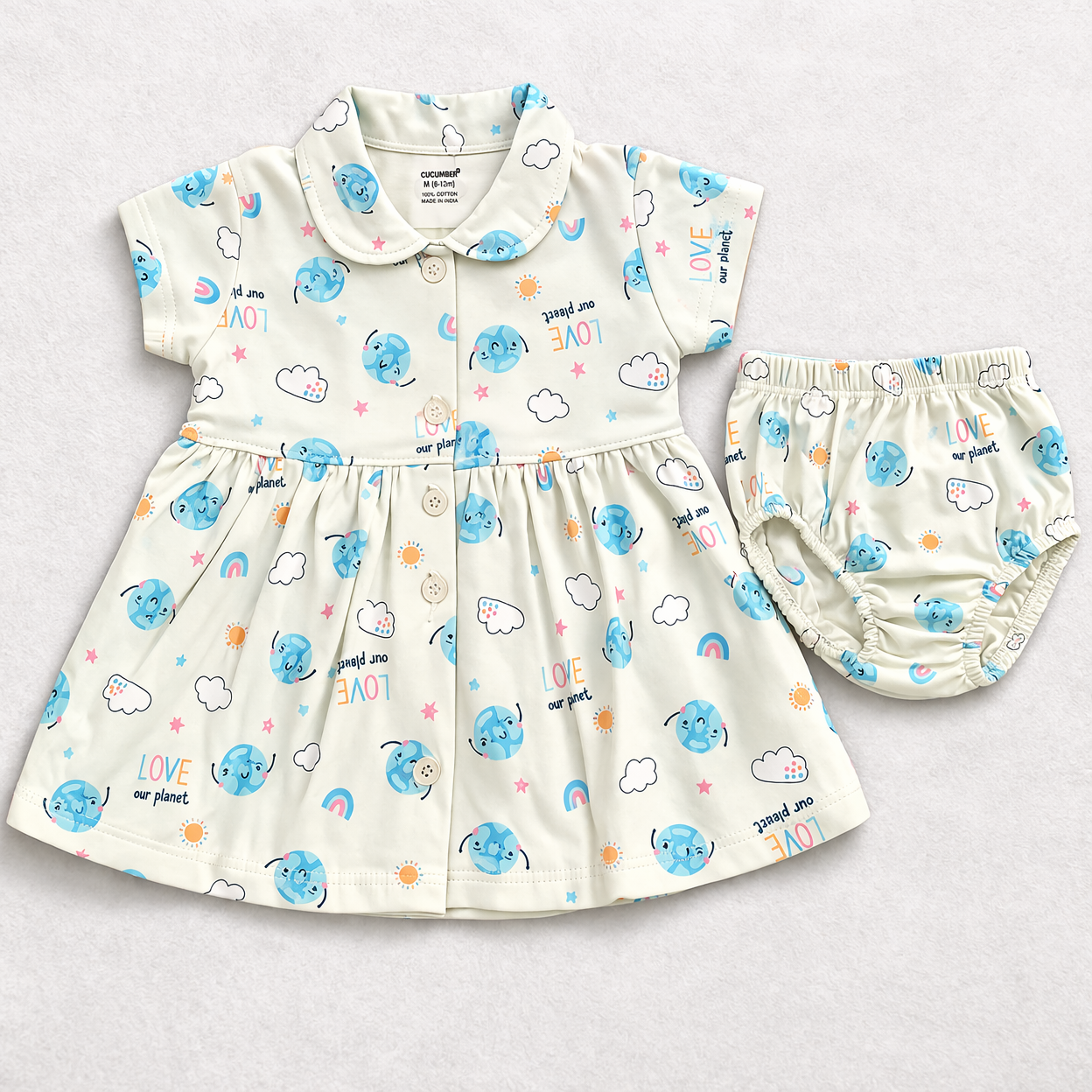 Cucumber Baby Girl Cotton Frock Set Love our Planet Print Dress with Bloomers - Cutypi