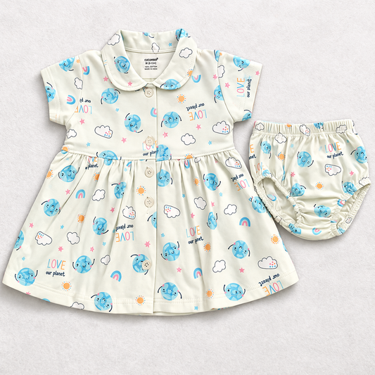 Cucumber Baby Girl Cotton Frock Set Love our Planet Print Dress with Bloomers - Cutypi