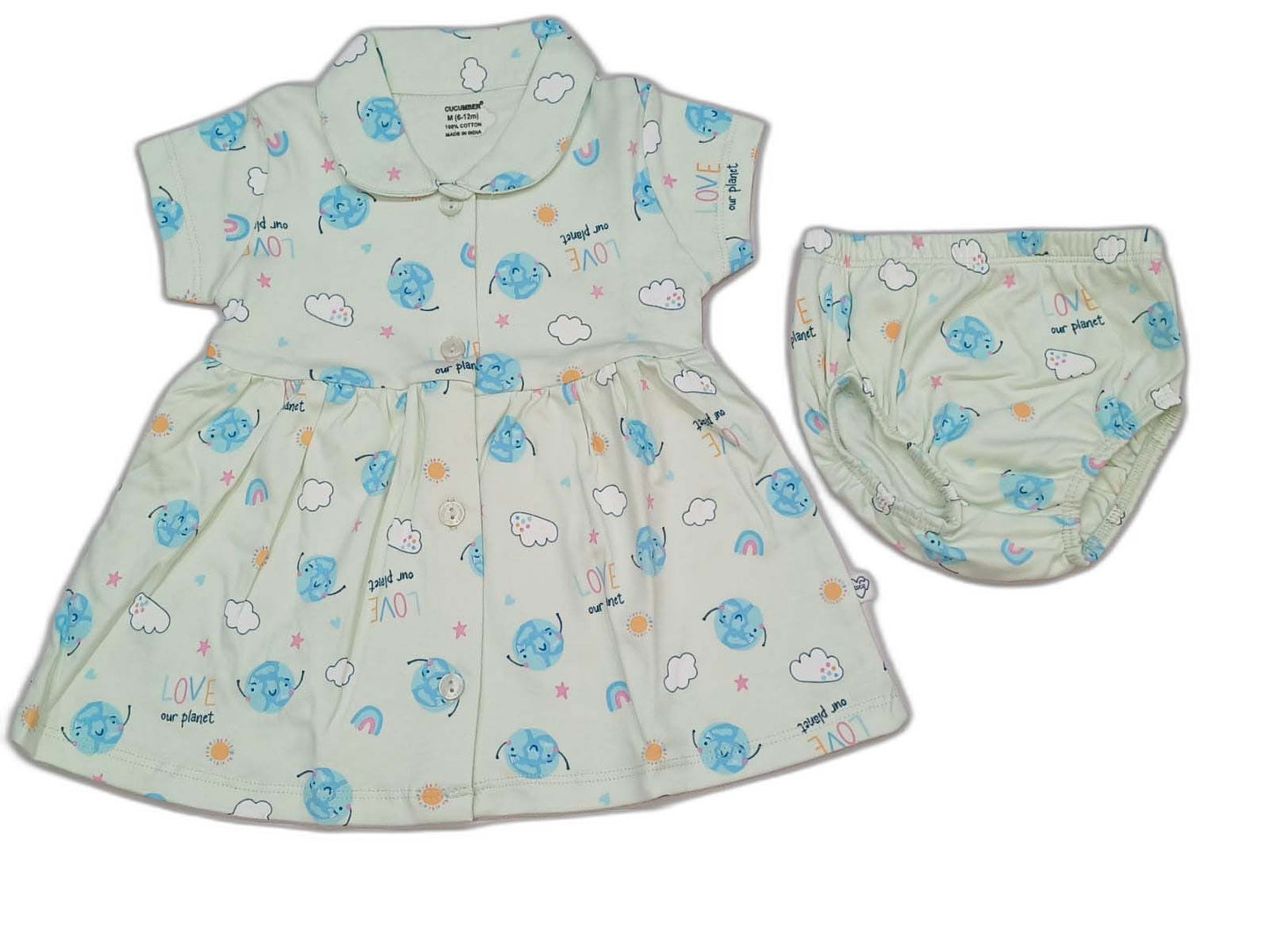 CUCUMBER Interlock Knit Half Sleeves Front Open Frock with panty - Green