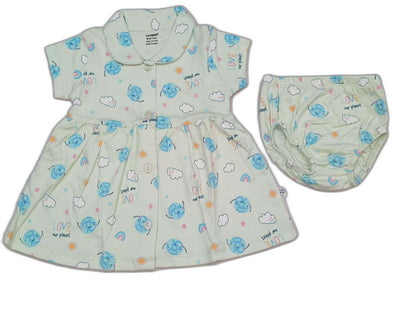 CUCUMBER Interlock Knit Half Sleeves Front Open Frock with panty - Green