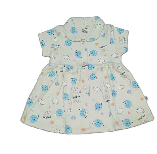 CUCUMBER Interlock Knit Half Sleeves Front Open Frock with panty - Green